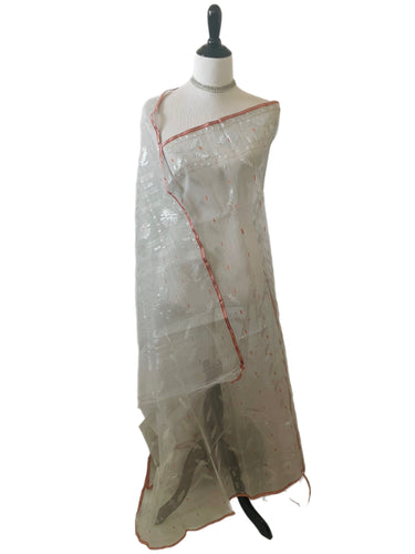 Authentic Dhakai Jamdani Muslin Saree from Bangladesh | Handwoven | Silver Gray | Ships from California